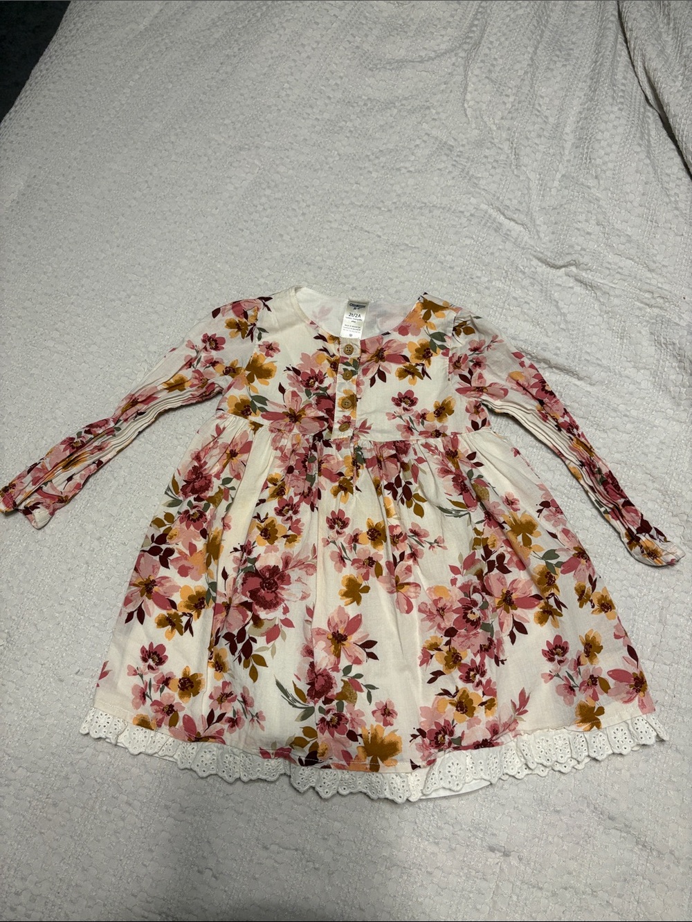 Girls Floral Long-Sleeve Cotton Dress - White with Pink & Mustard Flowers